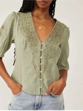 Free People Laurie Embroidered Blouse In Green Tea Leaves Medium NEW!